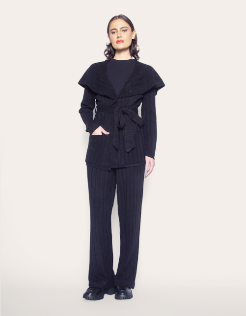 Conj casaco faixa+calca wide tricot Preto