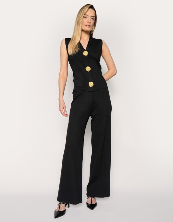 Conj colete botão gold+calça wide tricot 