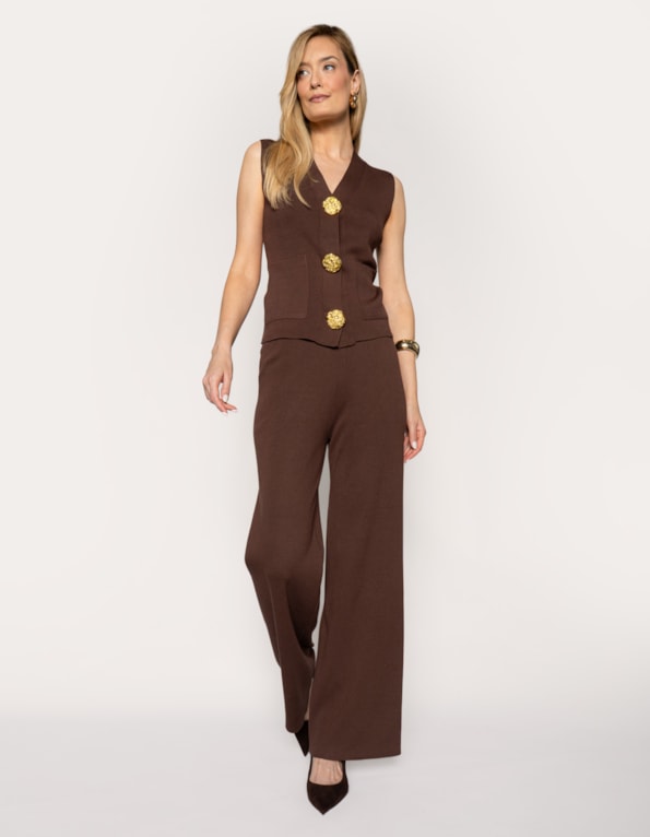Conj colete botão gold+calça wide tricot 