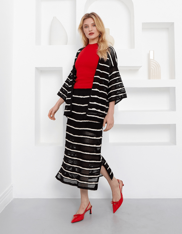 Conj kimono+saia midi tricot listrado