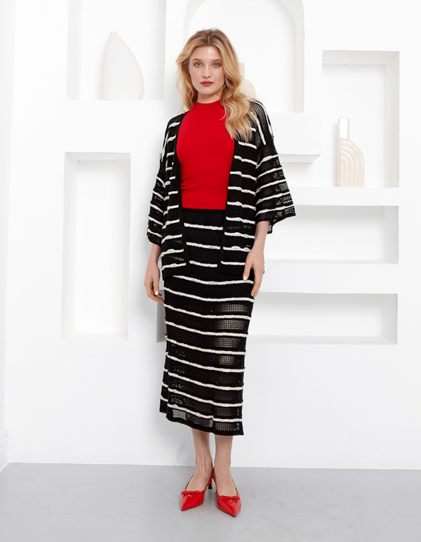 Conj kimono+saia midi tricot listrado