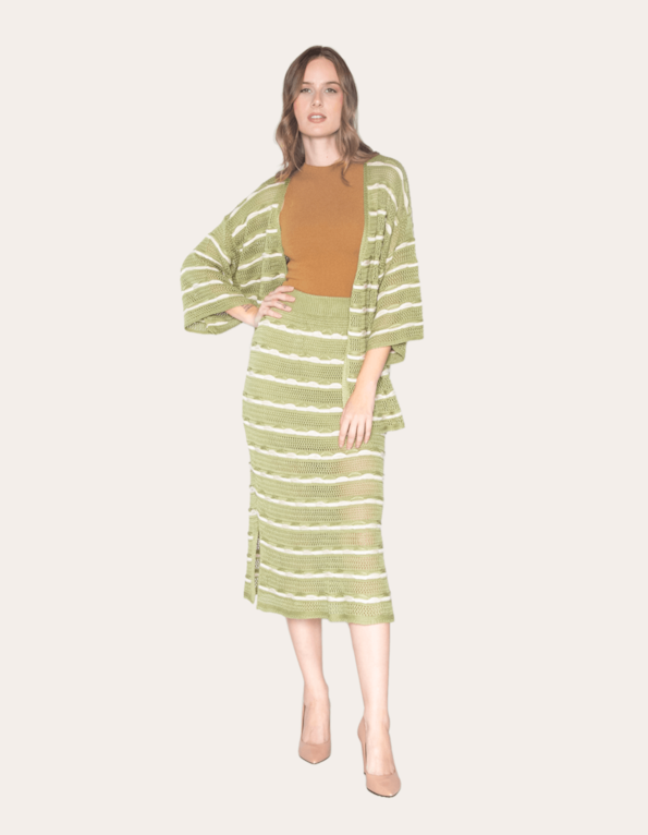 Conj kimono+saia midi tricot listrado