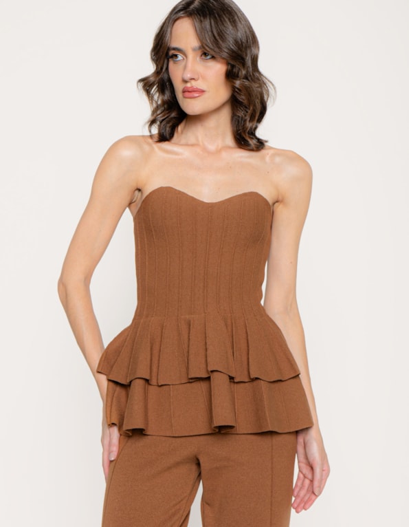 Conj top peplum e calça tricot Marrom