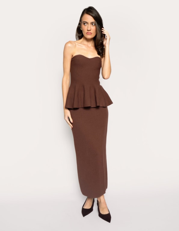 Conj top peplum e saia midi tricot 