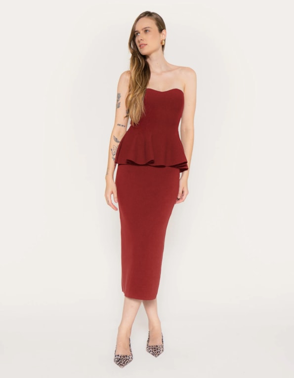 Conj top peplum e saia midi tricot