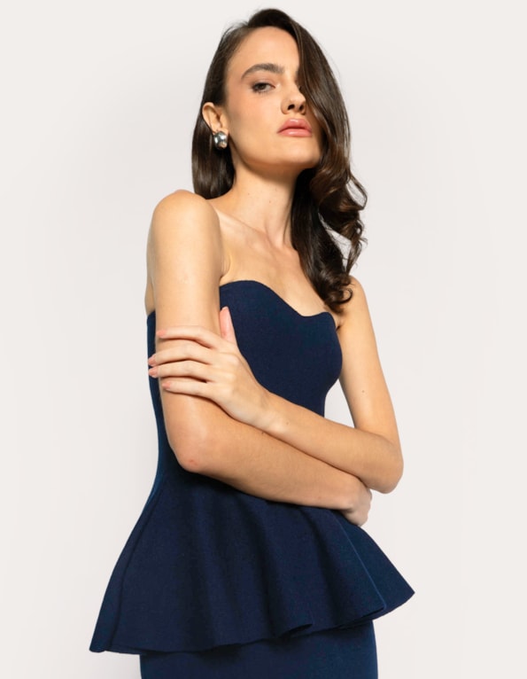 Conj top peplum e saia midi tricot  Azul escuro