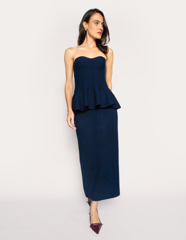 Conj top peplum e saia midi tricot  Azul escuro