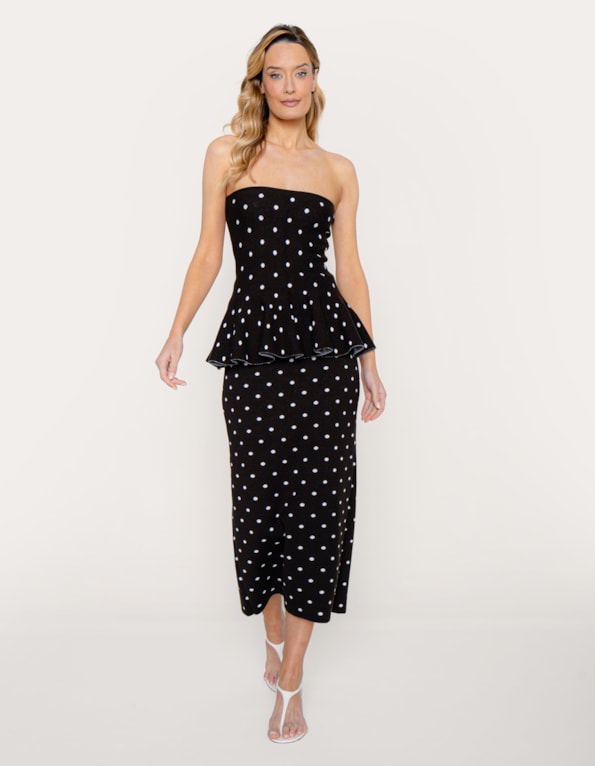 Conj top peplum e saia midi tricot poa Preto/branco