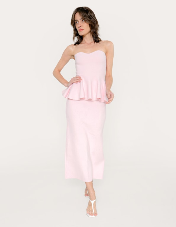 Conj top peplum e saia midi tricot  Rosa claro