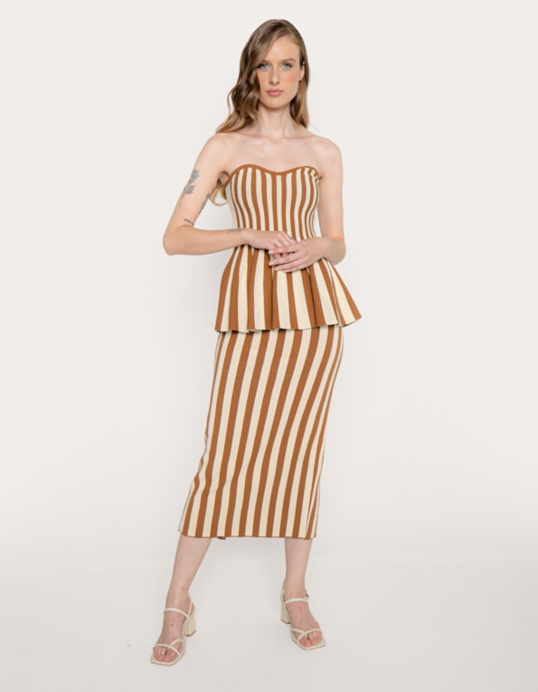 Conj top peplum+saia midi tricot listrado  Marrom medio/amarelo claro