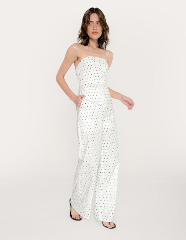 Conj top tomara que caia+calça pantalona poa Off white
