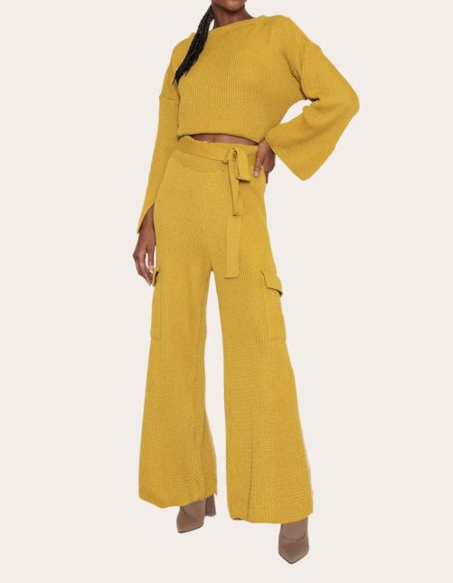 Conjunto blusa cropped+calça pantlona cargo tricot Mostarda