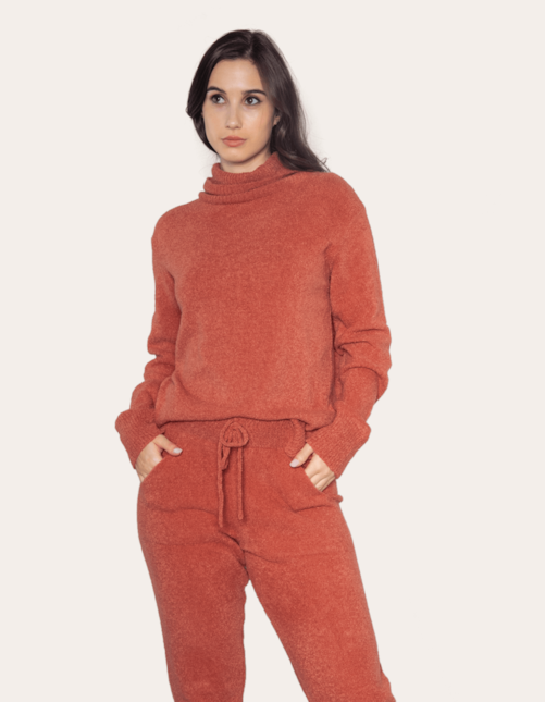 Conjunto blusa gola alta+calça tricot Camurca