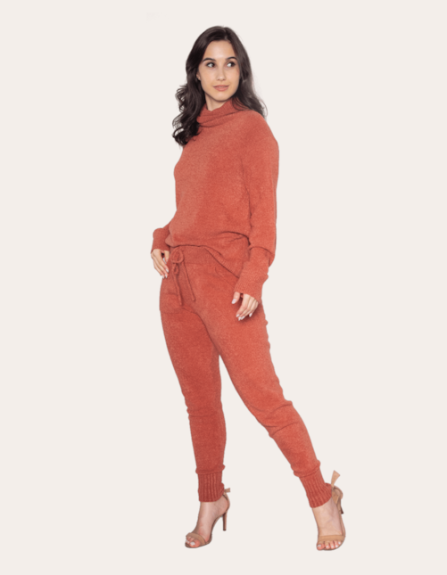 Conjunto blusa gola alta+calça tricot Camurca