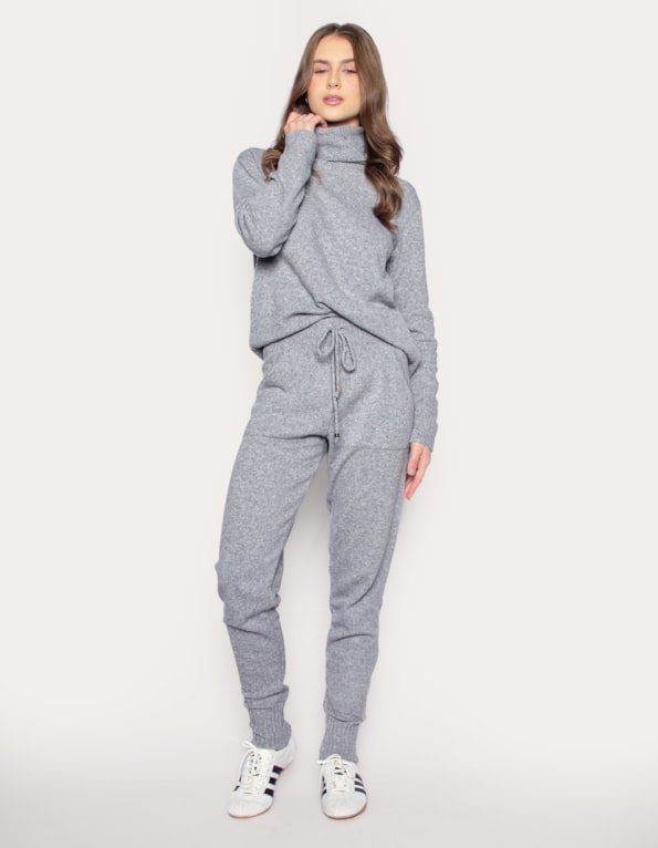 Conjunto blusa gola alta+calça tricot Mescla claro