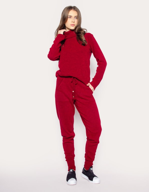 Conjunto blusa gola alta+calça tricot Vermelho escuro