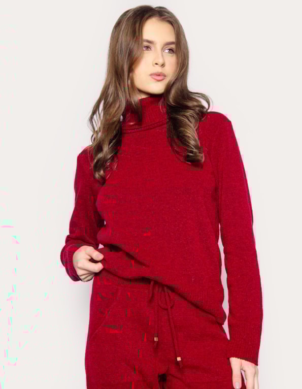 Conjunto blusa gola alta+calça tricot Vermelho escuro