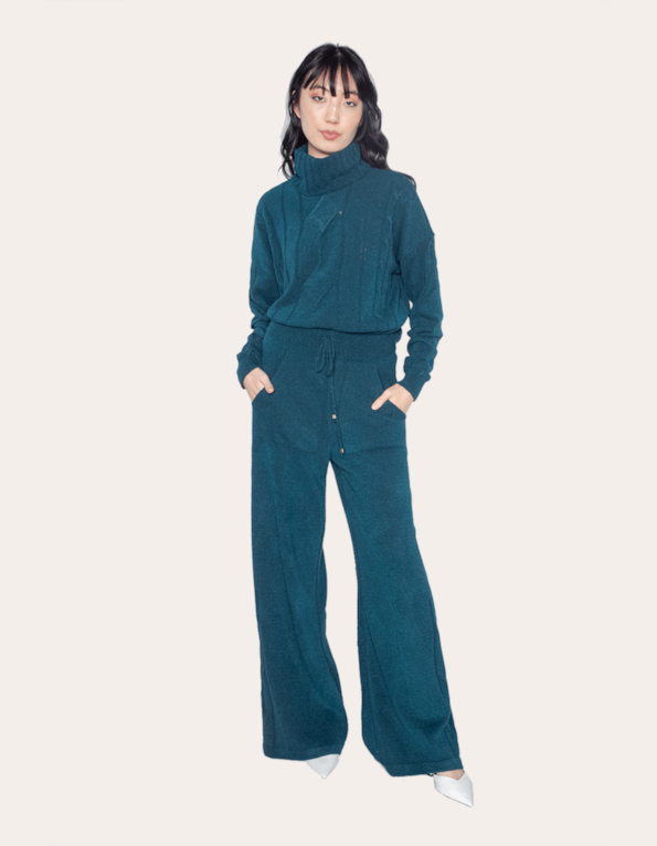 Conjunto blusa tricot trança gola alta+calça pantalona Petroleo