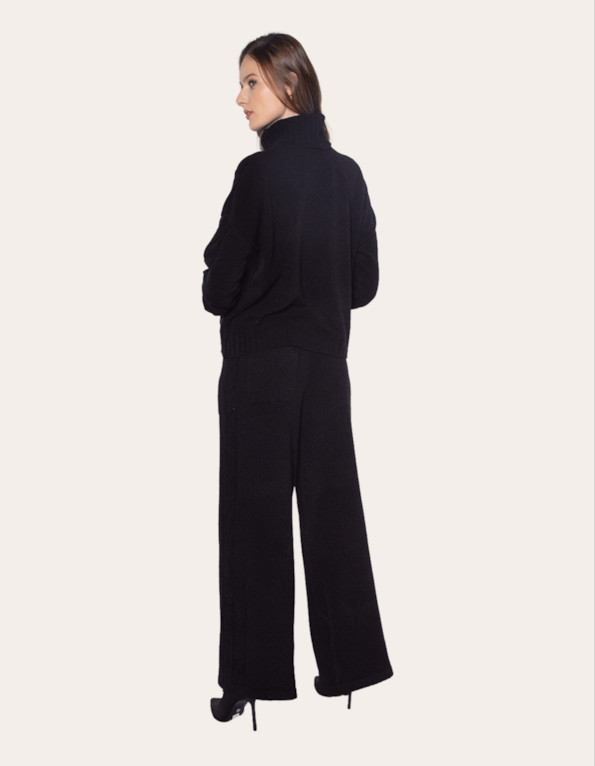 Conjunto blusa tricot trança gola alta+calça pantalona Preto