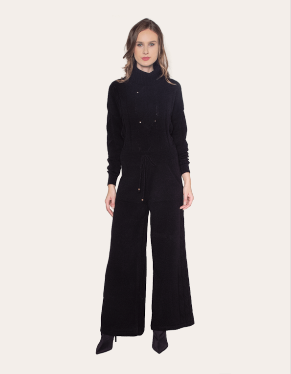 Conjunto blusa tricot trança gola alta+calça pantalona Preto