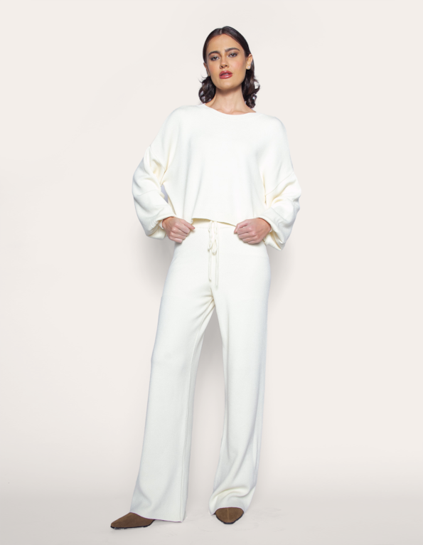 Conjunto Tricot Off White – Blusa + Calça Pantalona Forrada