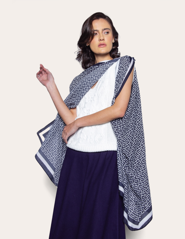 Encharpe estampado 85x180cm Azul escuro/branco