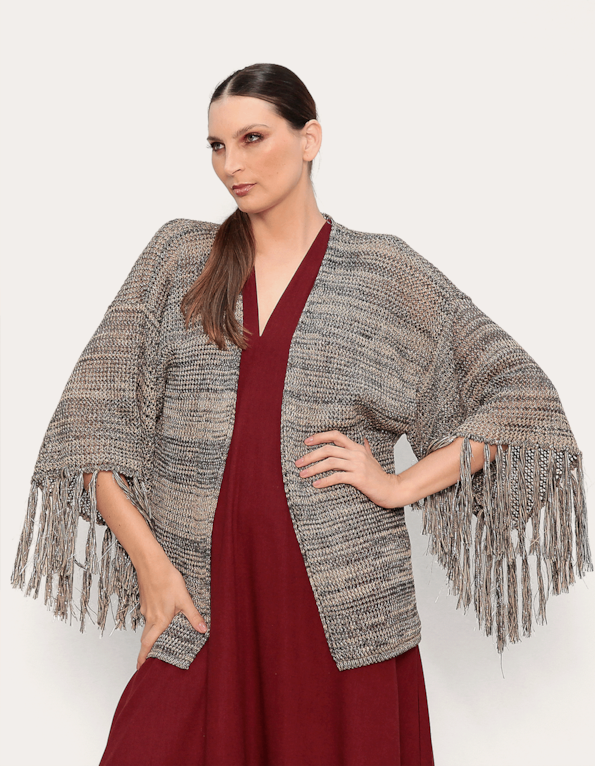 Kimono de Franjas com Fios Mesclados - Cinza/bege