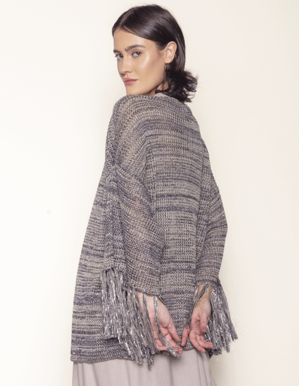 Kimono de Franjas com Fios Mesclados - Cinza médio