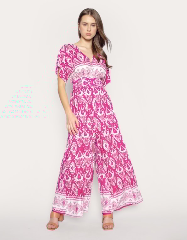 Macacão decote v estampado Etnico fucsia