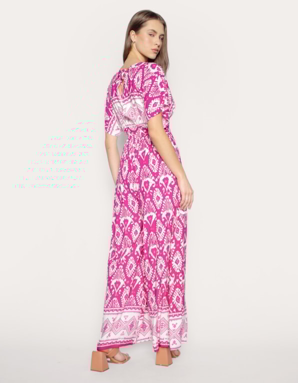 Macacão decote v estampado Etnico fucsia