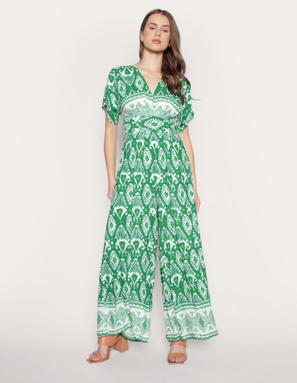 Macacão decote v estampado Etnico verde
