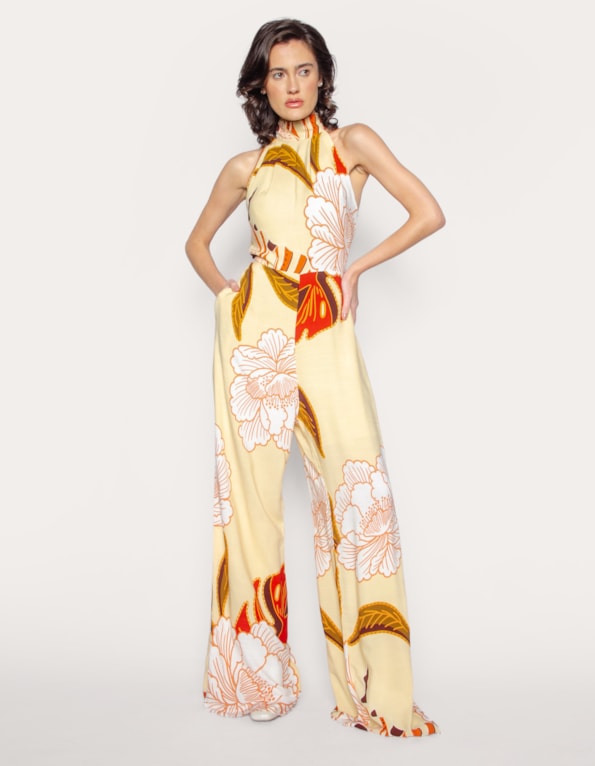 Macacão pantalona gola alta Floral areia