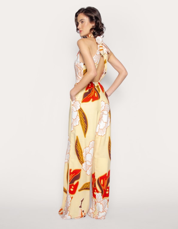 Macacão pantalona gola alta Floral areia