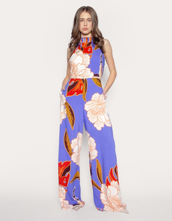 Macacão pantalona gola alta Floral azul