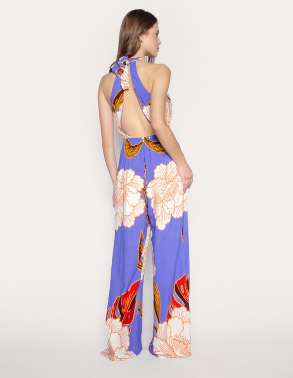 Macacão pantalona gola alta Floral azul