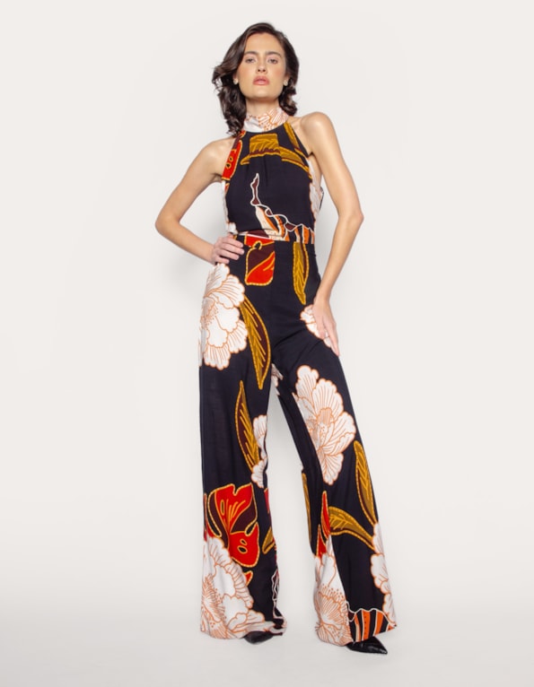 Macacão pantalona gola alta Floral preto