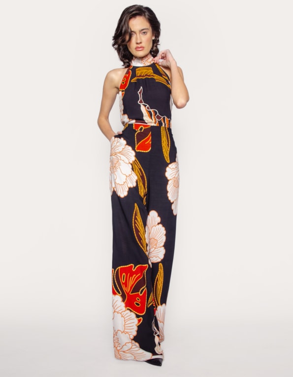 Macacão pantalona gola alta Floral preto