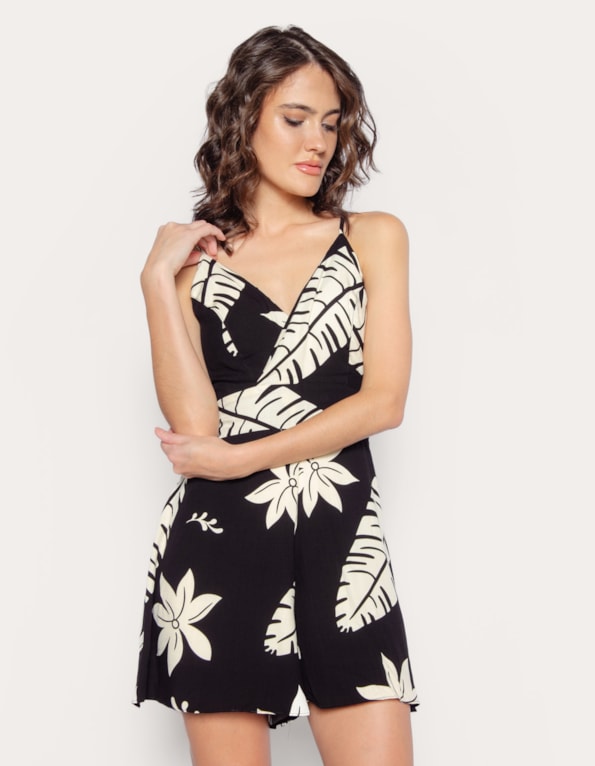 Macaquinho alcinha estampado Coqueiro floral preto