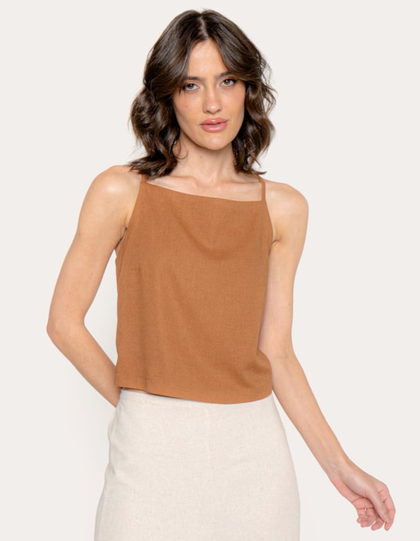 Regata boxy alça finha linho blend Marrom