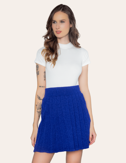 Saia curta tricot plissado Azul