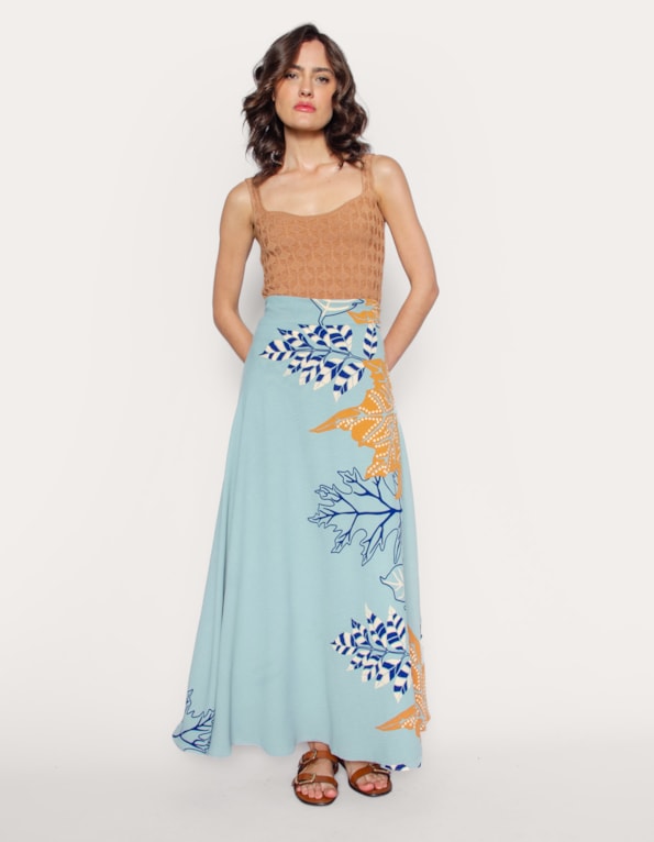 Saia longa transpassada estampada Azul claro/marrom claro