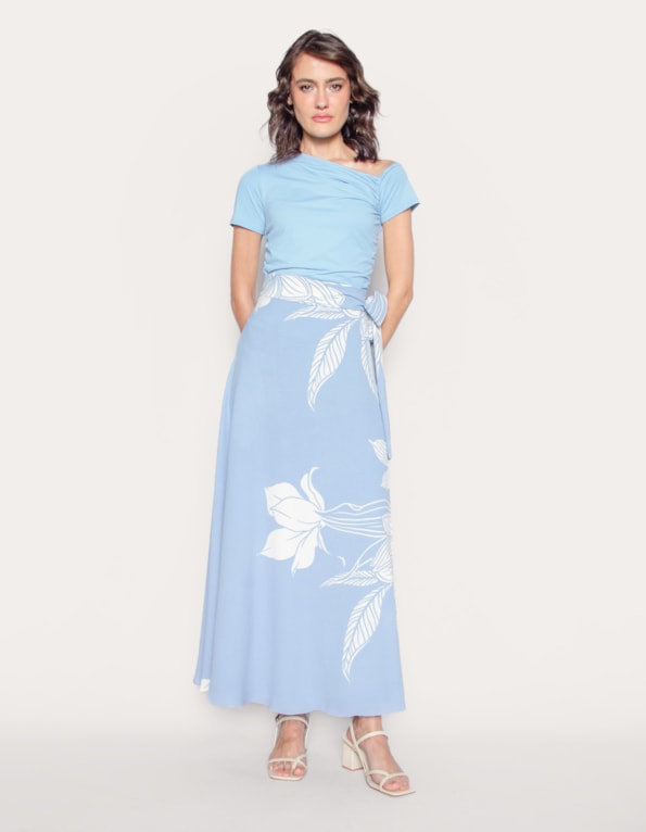 Saia longa transpassada estampada Azul claro/off white