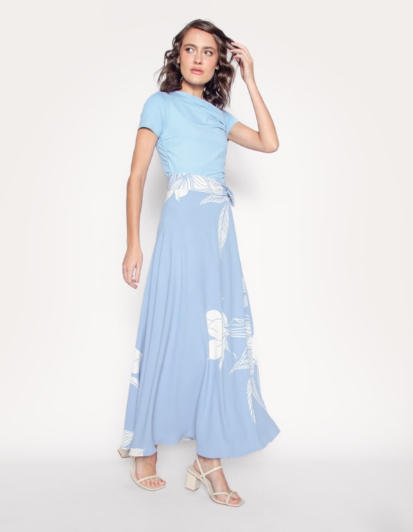 Saia longa transpassada estampada Azul claro/off white