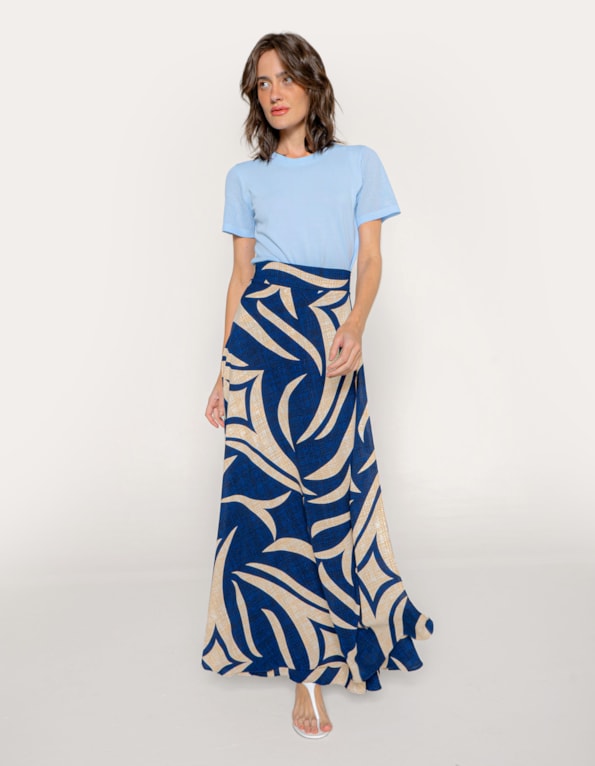 Saia longa transpassada estampada Azul escuro/bege claro