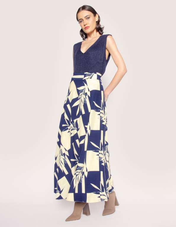 Saia longa transpassada estampada Azul escuro/off white