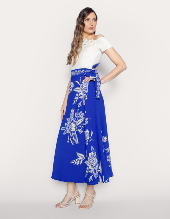Saia longa transpassada estampada Azul escuro/off white