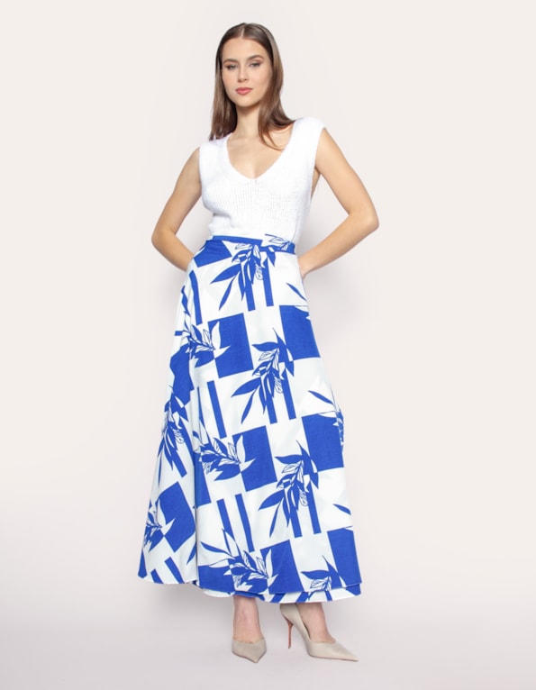 Saia longa transpassada estampada Azul medio/branco