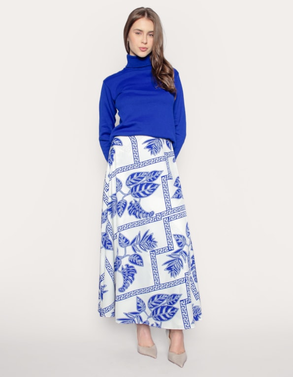 Saia longa transpassada estampada Branco/azul
