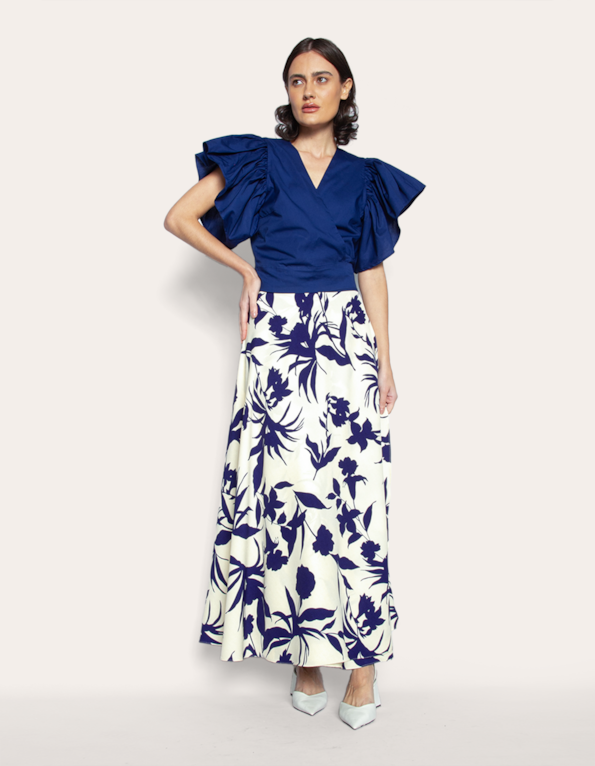 Saia longa transpassada estampada Branco/azul escuro