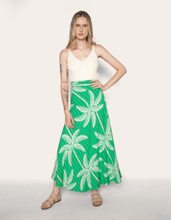 Saia longa transpassada estampada Coqueiro verde